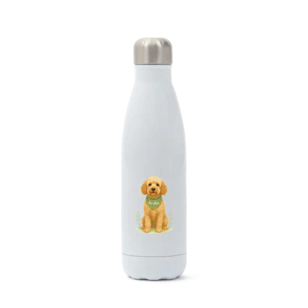 Pets personalised insulated water bottle with golden doodle design
