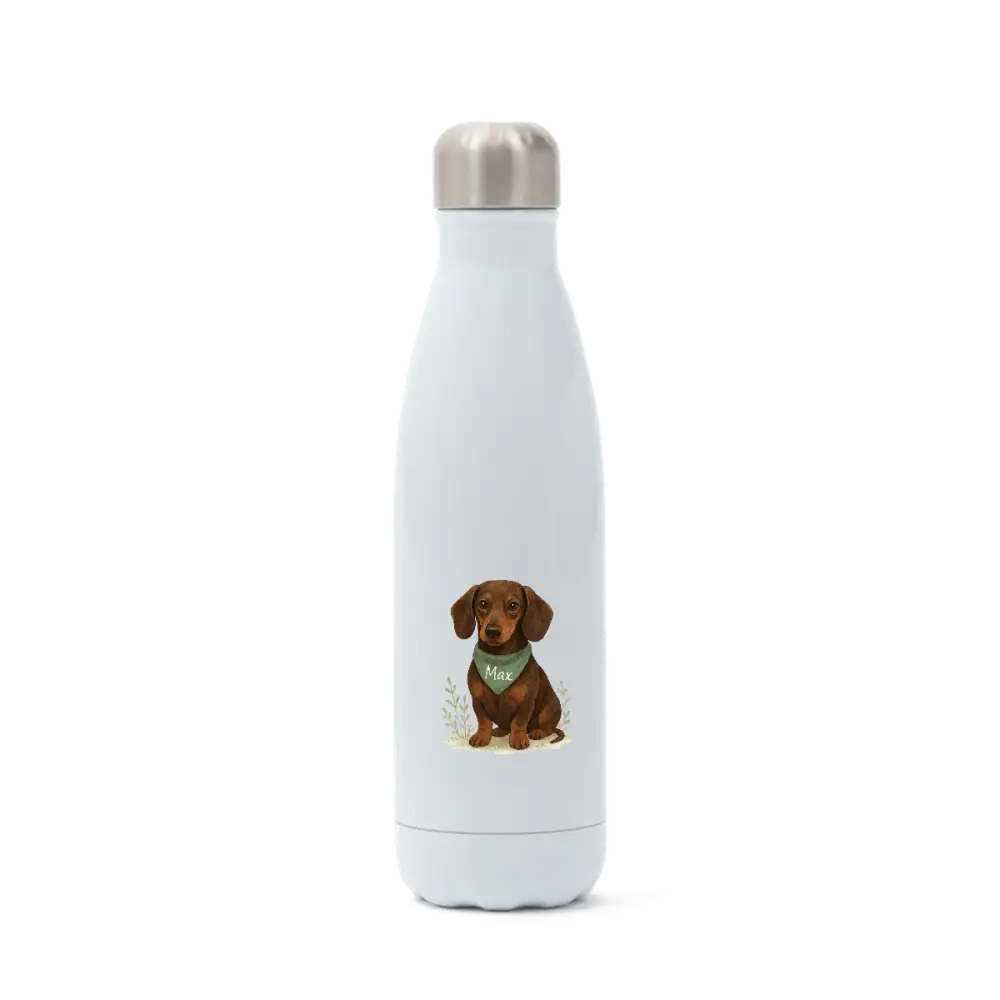 Pets Personalised Insulated White Stainless Steel Water Bottle with Brown Dachshund
