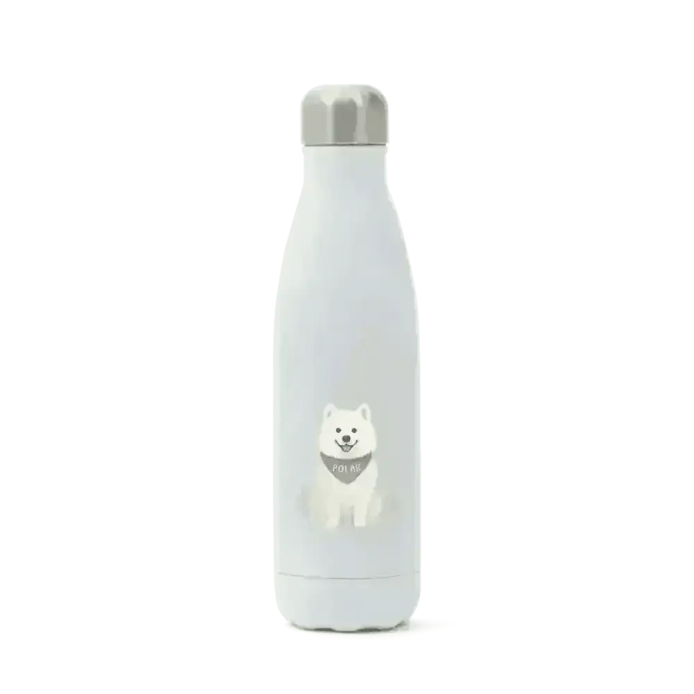 Pets personalised insulated white water bottle with dog design