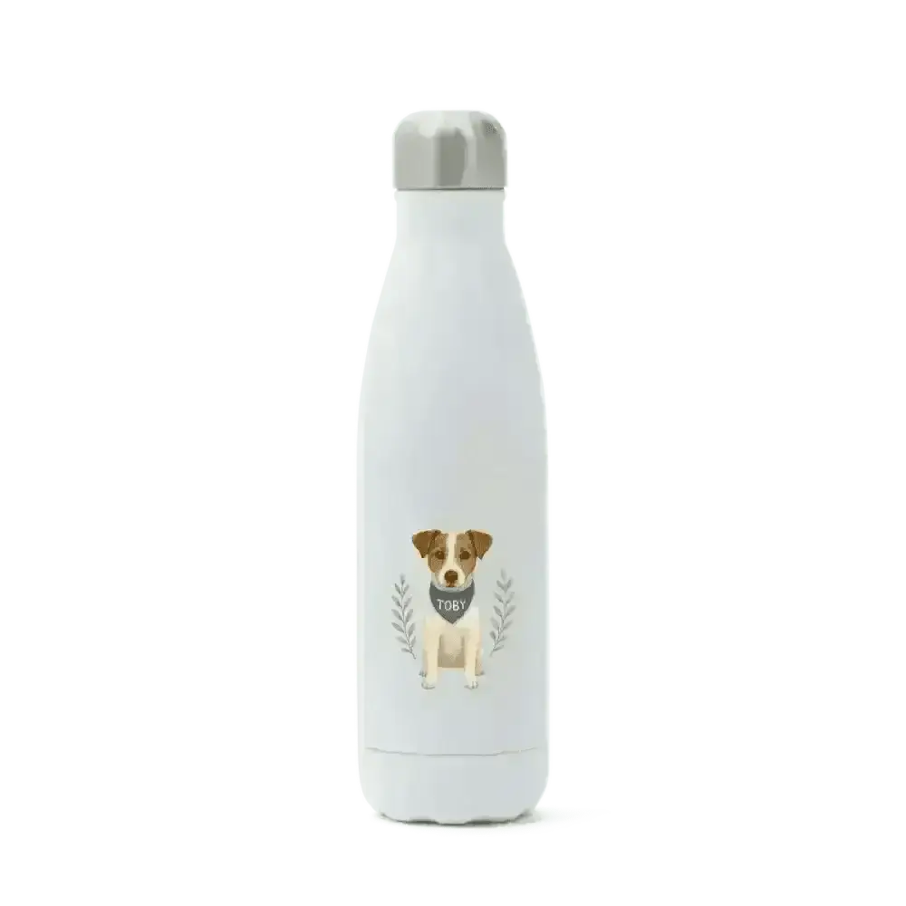 Pets personalised insulated white water bottle with cute dog design