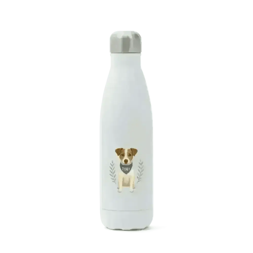 Pets personalised insulated white water bottle with cute dog design