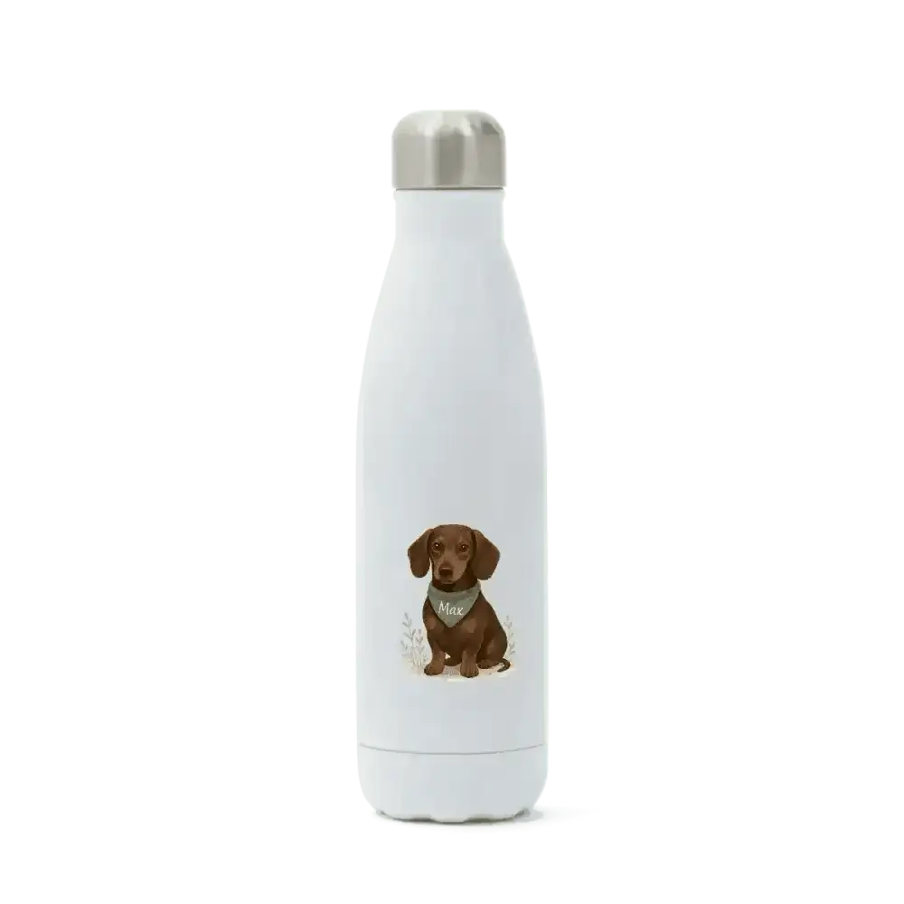 Pets Personalised Insulated White Stainless Steel Water Bottle with Brown Dachshund