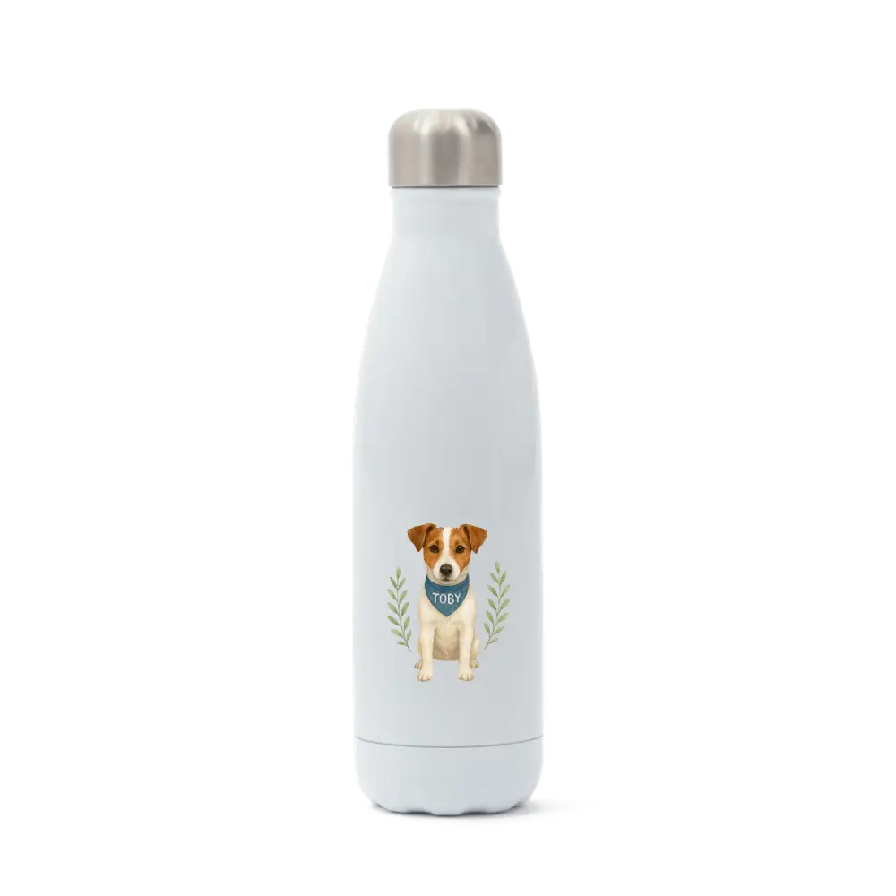 Pets personalised insulated white water bottle with cute dog design