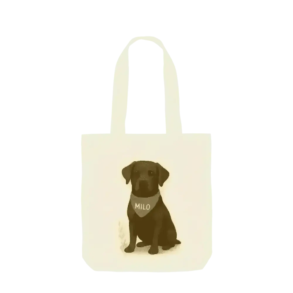 Personalised organic cotton tote bag with chocolate labrador retriever and Milo bandana