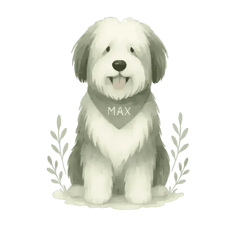 White fluffy dog with green bandana Max on certified organic cotton tote