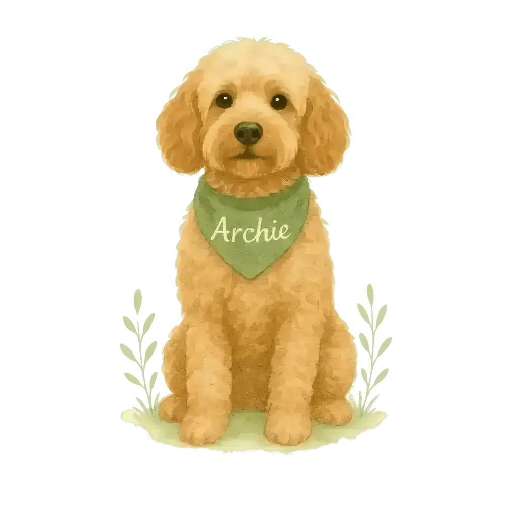 Golden Retriever dog figurine with green bandana and Archie name on certified organic cotton twill weave tote bag