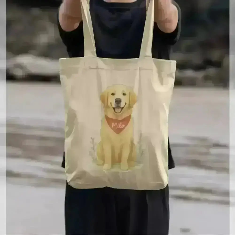 Personalized golden retriever certified organic cotton twill weave tote bag with Milo