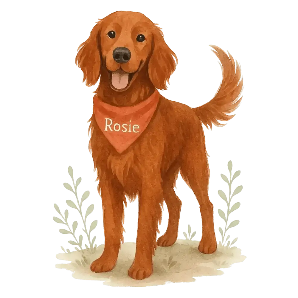 Golden retriever figurine with orange bandana, Rosie, on certified organic cotton tote