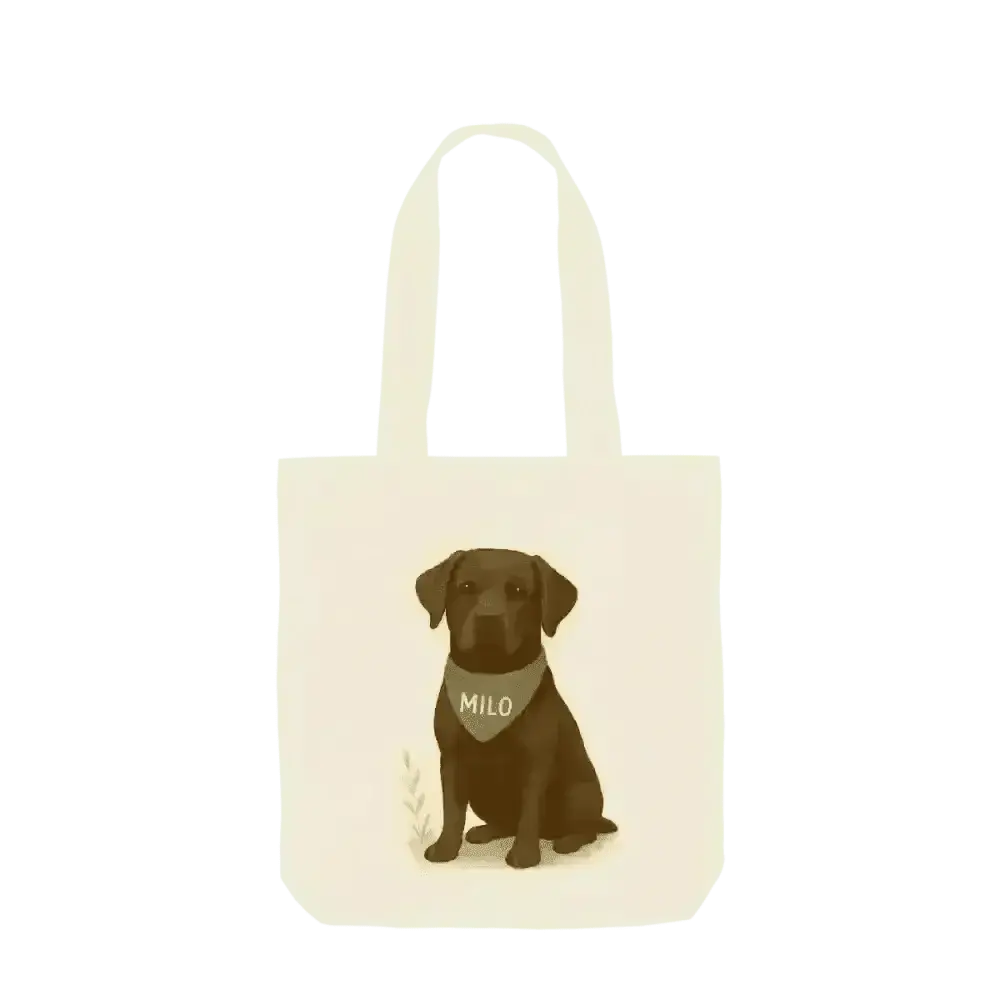 Personalised organic cotton tote bag with chocolate labrador retriever and Milo bandana