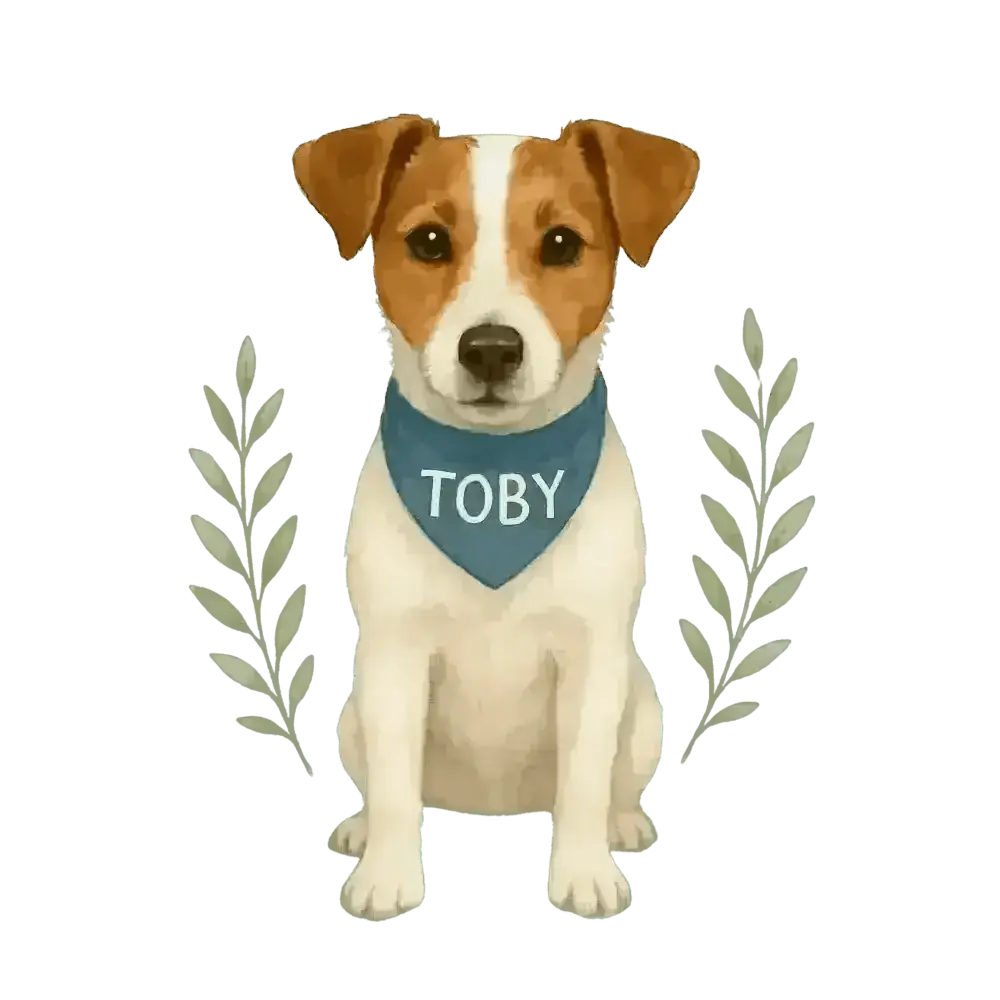 Personalised organic tote bag with blue bandana Toby white brown dog