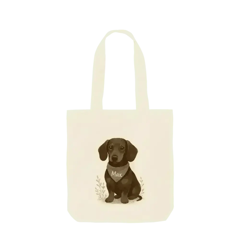 Personalised dachshund twill weave tote bag in certified organic cotton with brown and tan breed fur colour, green bandana, and Max name tag