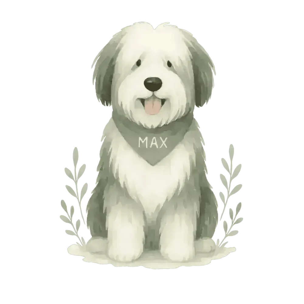 White fluffy dog with green bandana Max on certified organic cotton tote