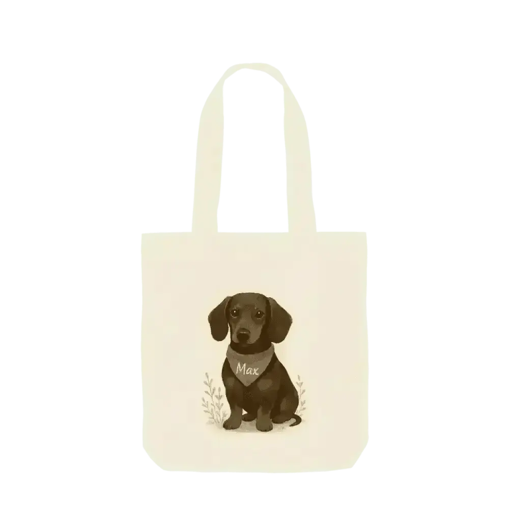 Personalised dachshund twill weave tote bag in certified organic cotton with brown and tan breed fur colour, green bandana, and Max name tag