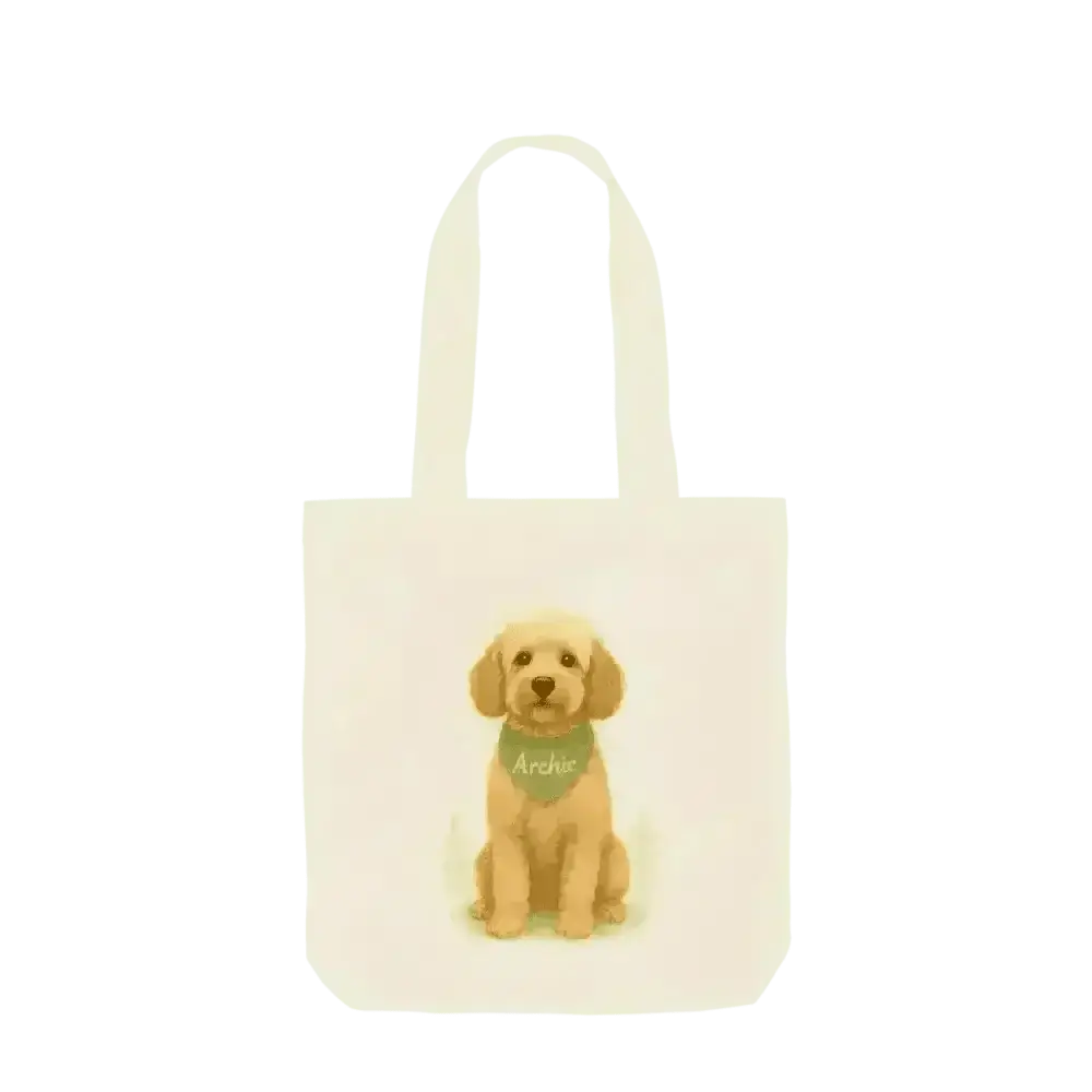 Personalised organic tote bag with Golden Doodle design, green bandana, Archie name