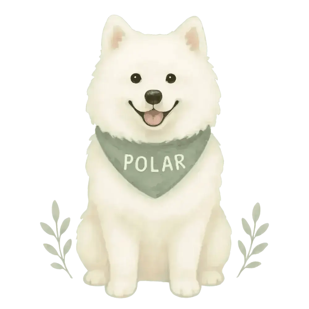 White fluffy dog plush toy with green Polar bandana on certified organic cotton tote bag