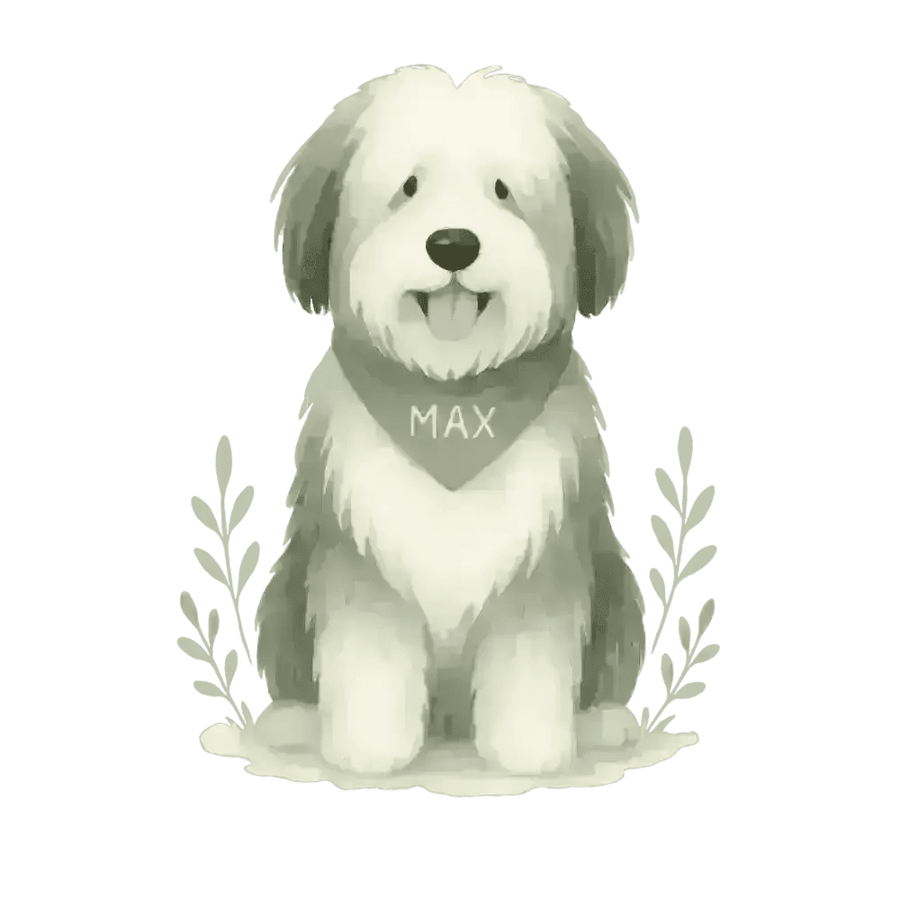 White fluffy dog with green Max bandana on organic cotton tee