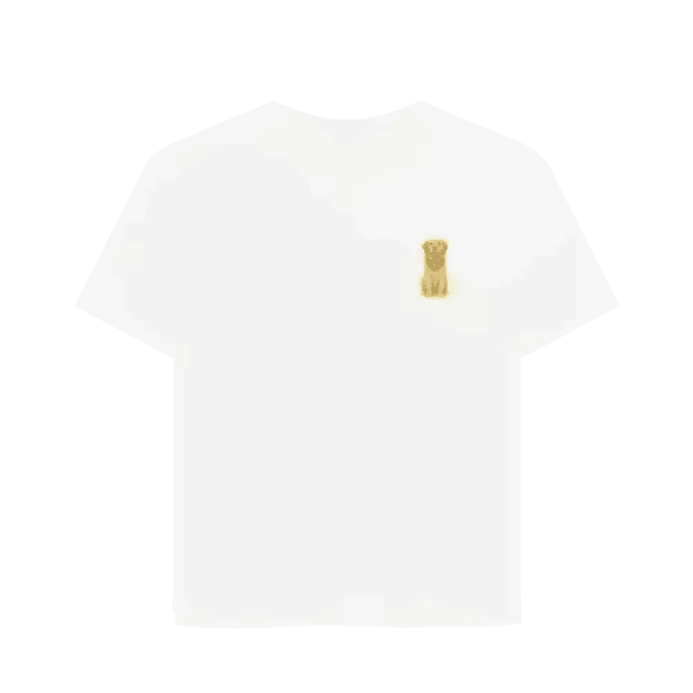 White organic cotton tee with golden retriever design, relaxed fit