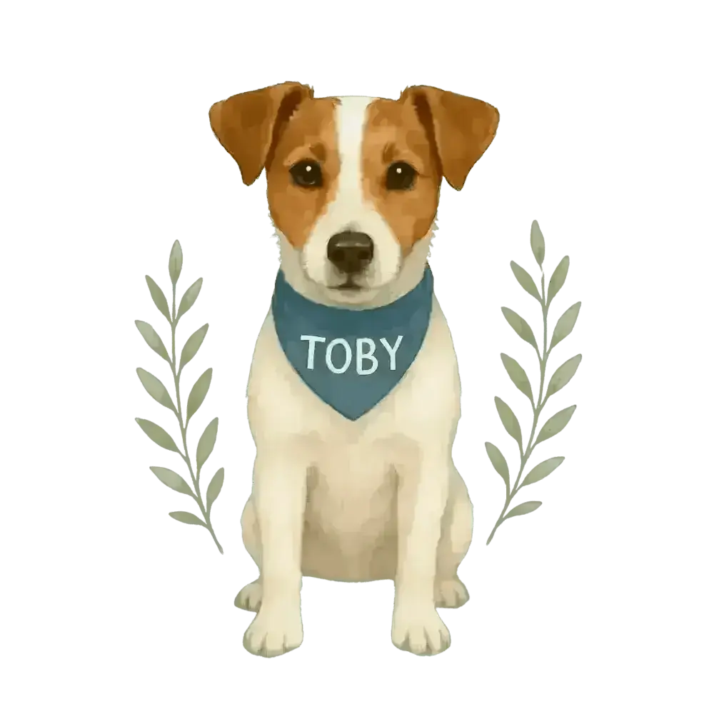 Personalized organic cotton tee with Toby-tagged blue bandana on white-brown dog