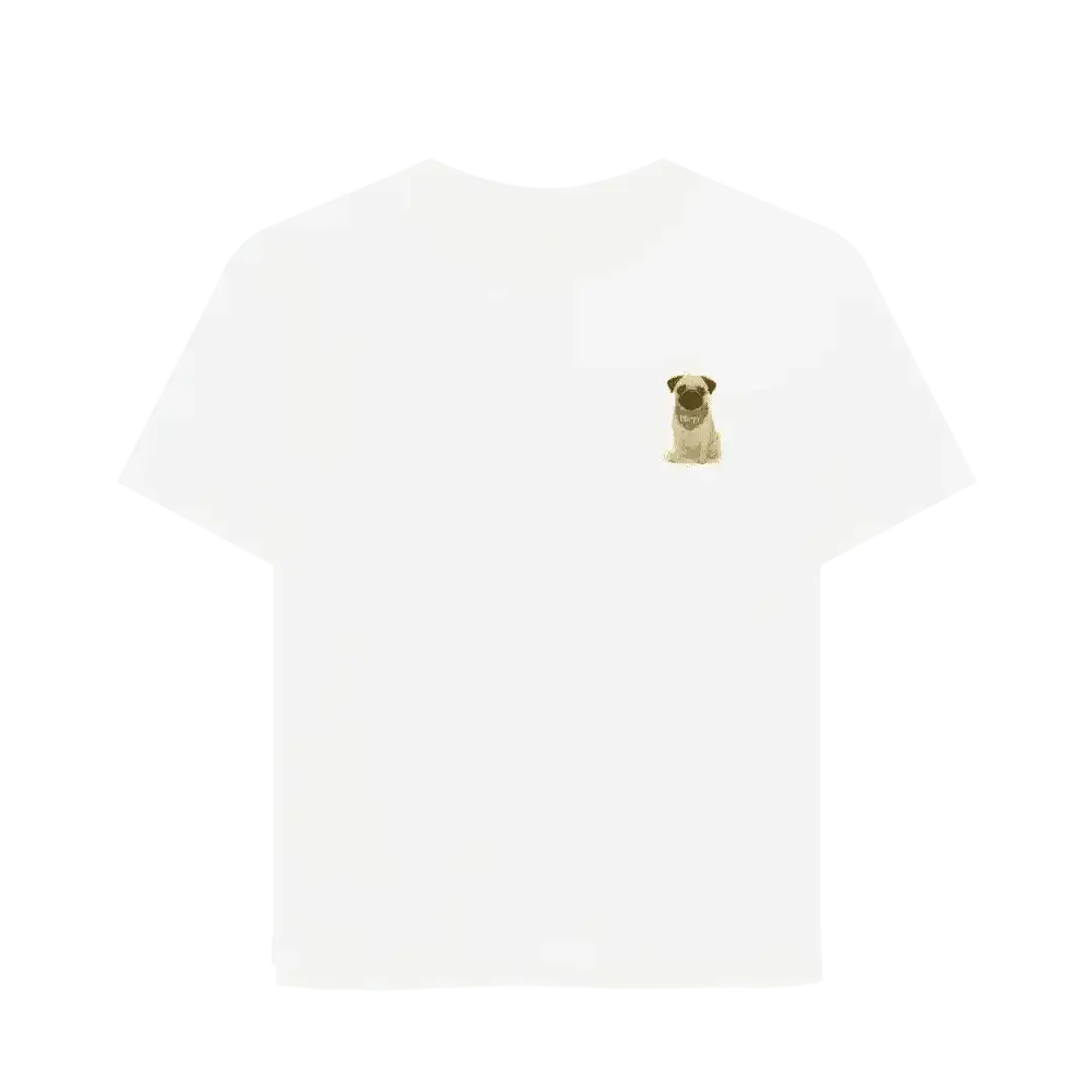 White pug on organic cotton relaxed fit tee shirt
