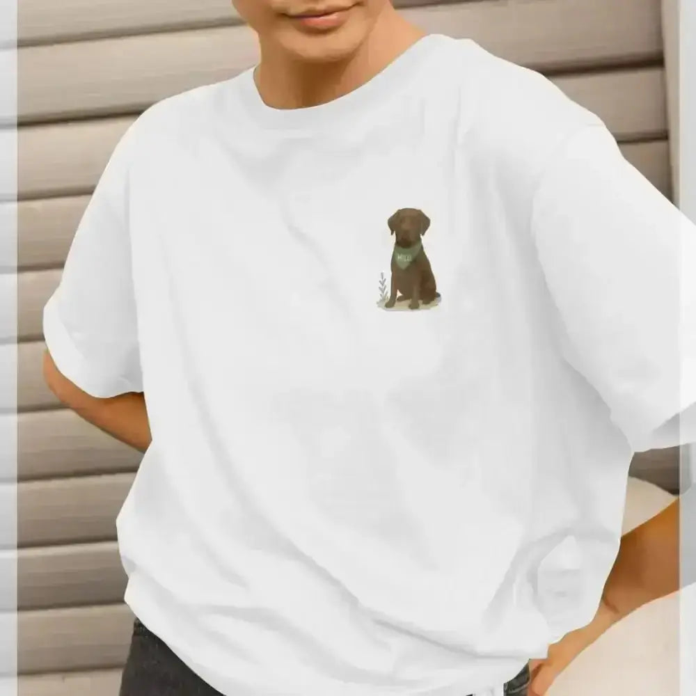 Personalized organic cotton tee with brown dog breed and green leaves