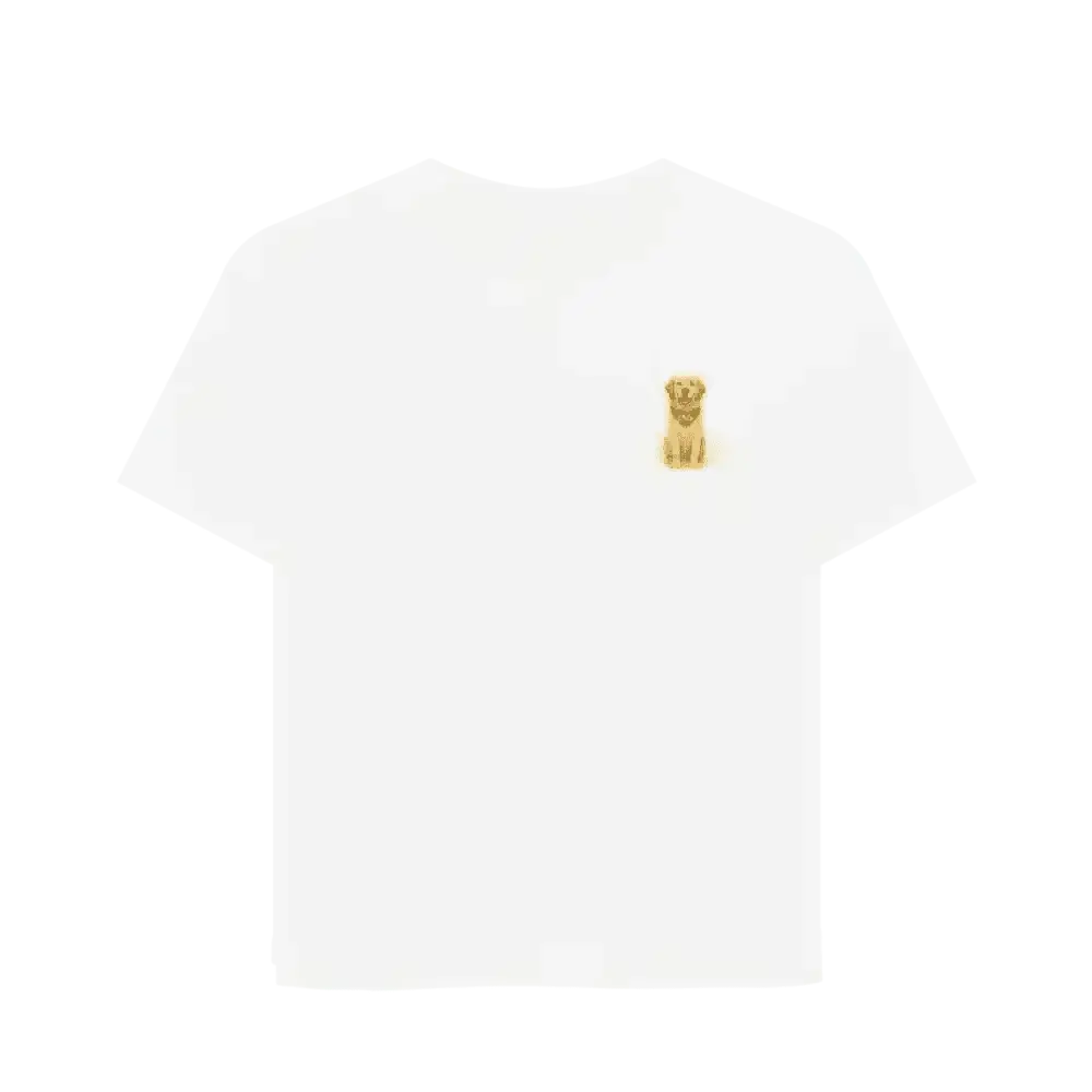 White organic cotton tee with golden retriever design, relaxed fit
