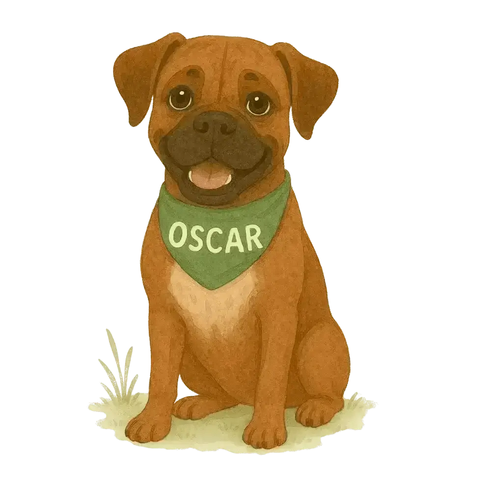 Brown dog in green Oscar bandana on organic cotton tee shirt