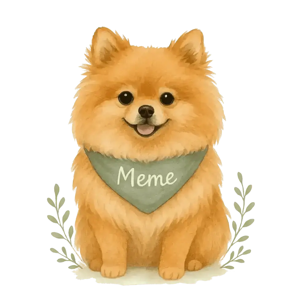 Orange Pomeranian dog sticker on organic cotton tee with green bandana and meme text