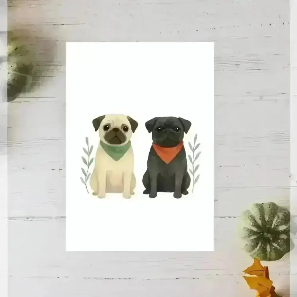 Personalised small portrait of two pugs in green and red bandanas on recycled paper