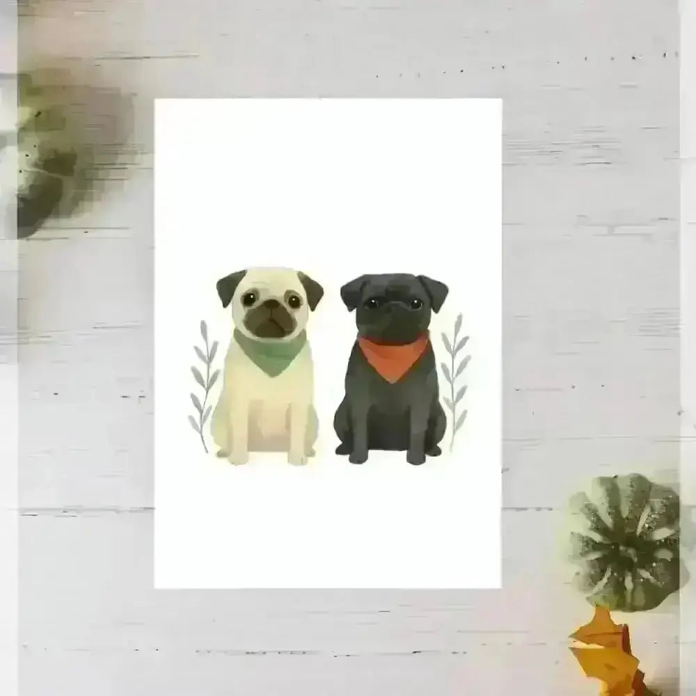Personalised small portrait of two pugs in green and red bandanas on recycled paper
