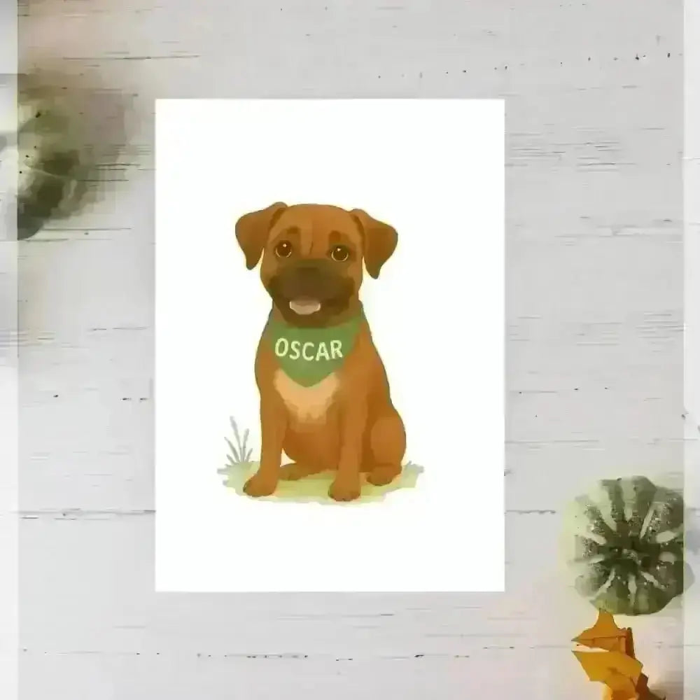 Personalised small portrait of brown fur colour dog in bandana with Oscar text on recycled paper