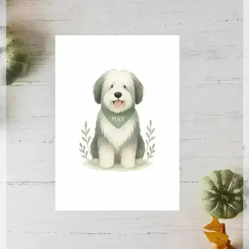 Personalised small portrait of white and gray fur colour dog with green leaves on recycled paper
