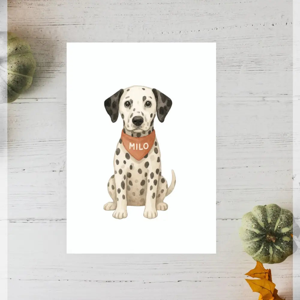 Personalised small portrait of Dalmatian Milo with orange bandana on recycled paper