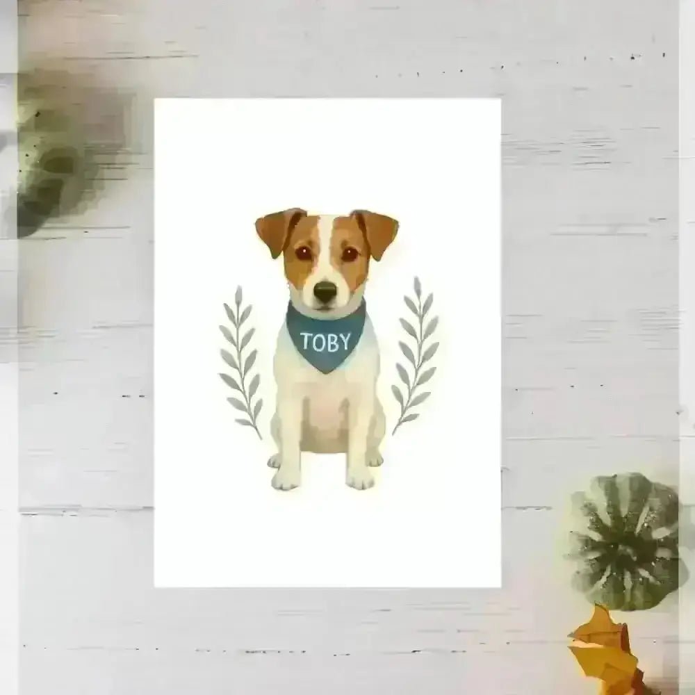 Personalised small portrait of Toby, blue bandana dog with green leaves on recycled paper