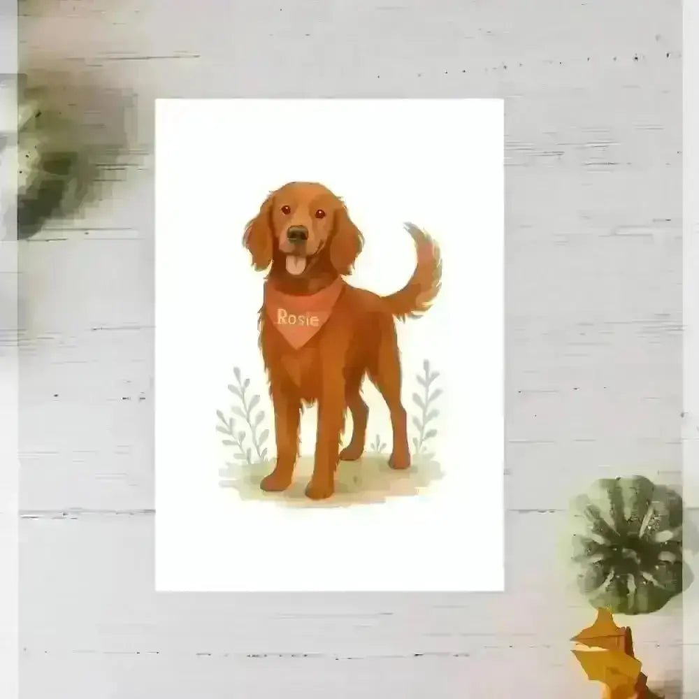Personalised small portrait of golden fur colour retriever Rosie with bandana on recycled paper