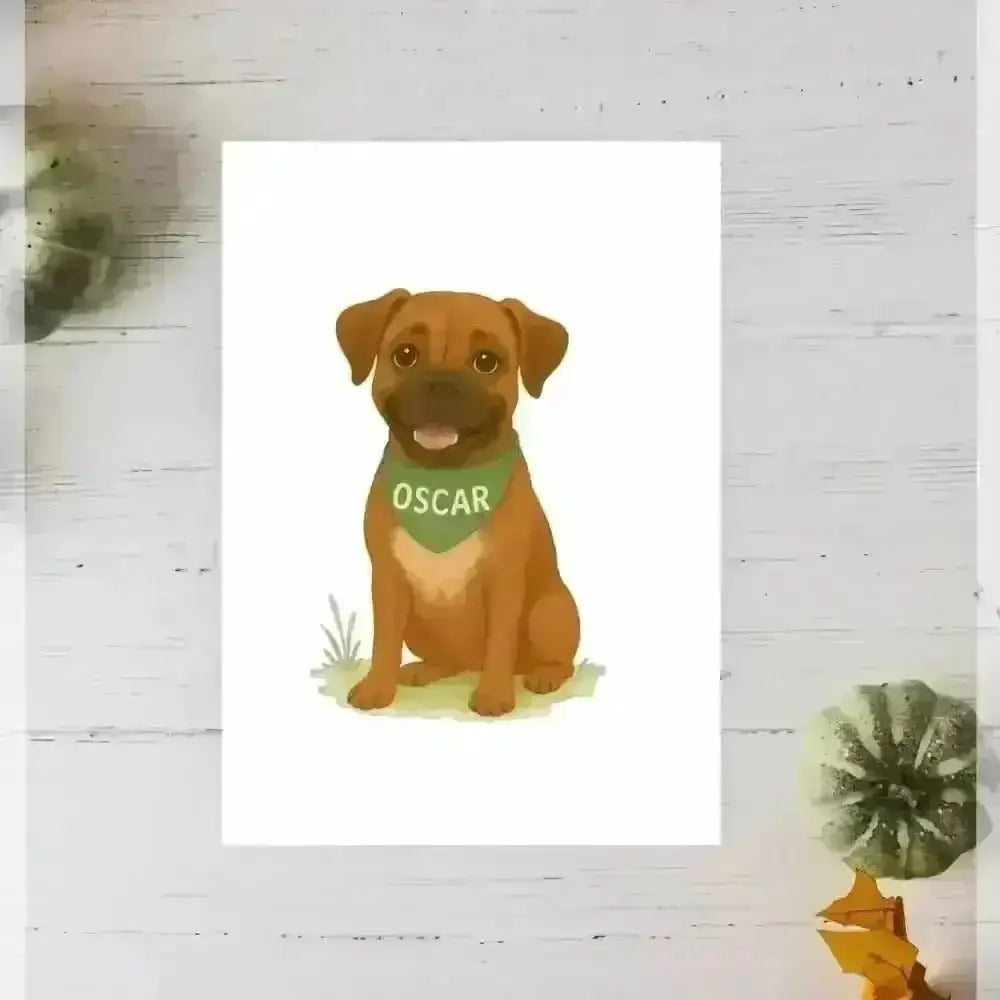 Personalised small portrait of brown fur colour dog in bandana with Oscar text on recycled paper
