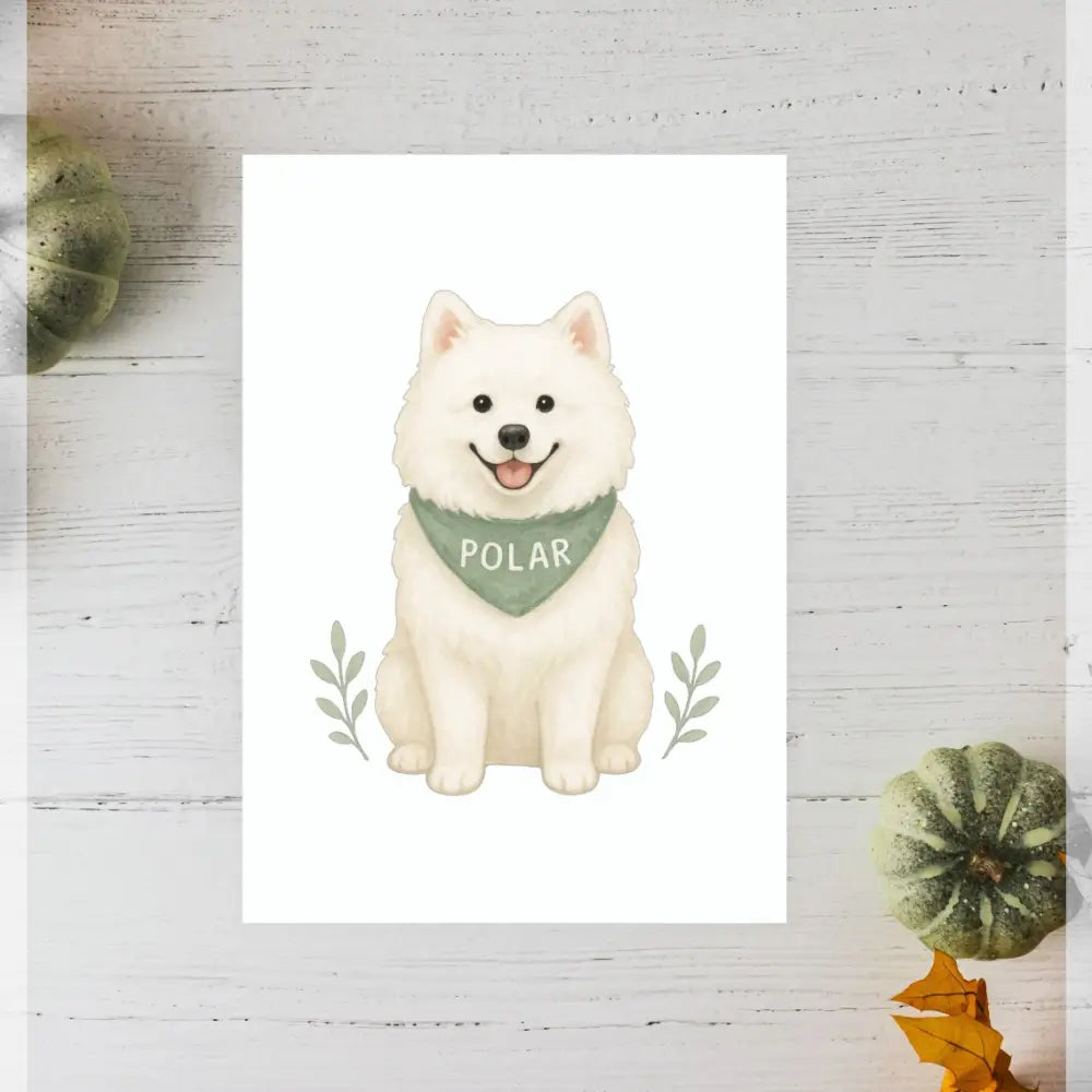 Personalised small portrait of white fluffy dog with green bandana on recycled paper