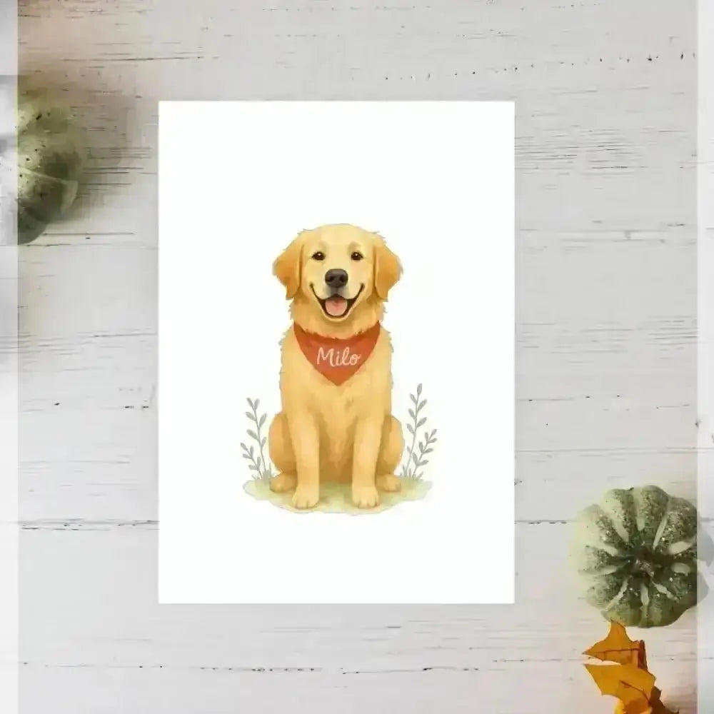 Personalised small portrait of golden retriever Milo in red bandana on recycled paper