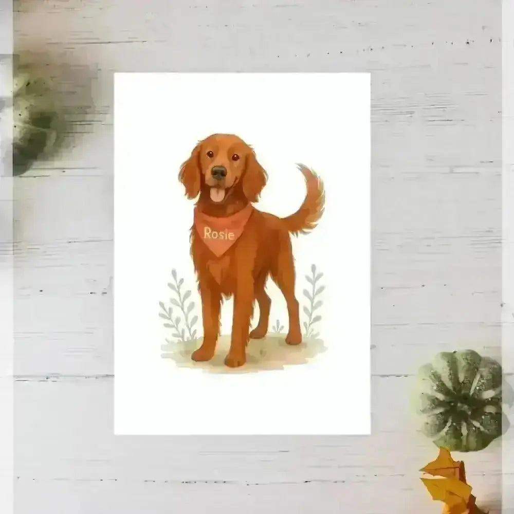Personalised small portrait of golden fur colour retriever Rosie with bandana on recycled paper