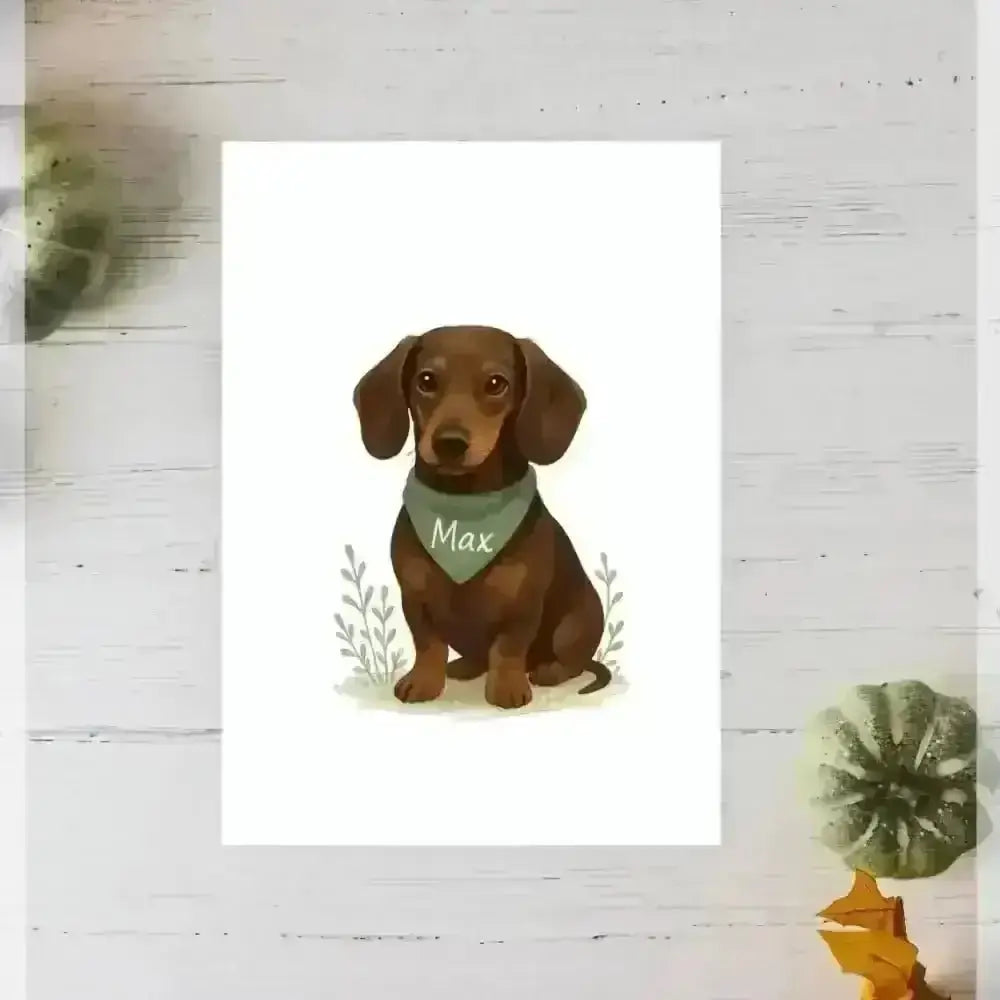 Personalised small portrait of brown dachshund Max with green bandana on recycled paper