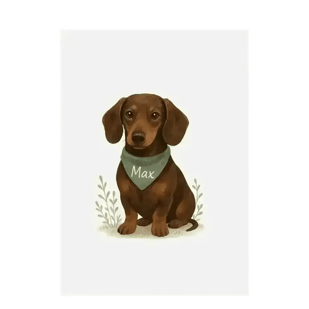 Personalised small portrait of brown dachshund Max in green bandana on recycled paper