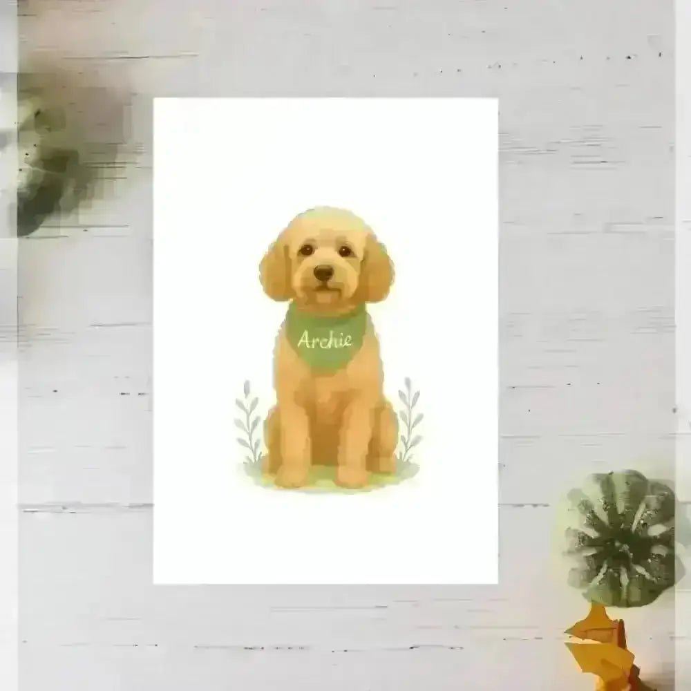 Personalised small portrait of golden retriever puppy Archie with green bandana on recycled paper