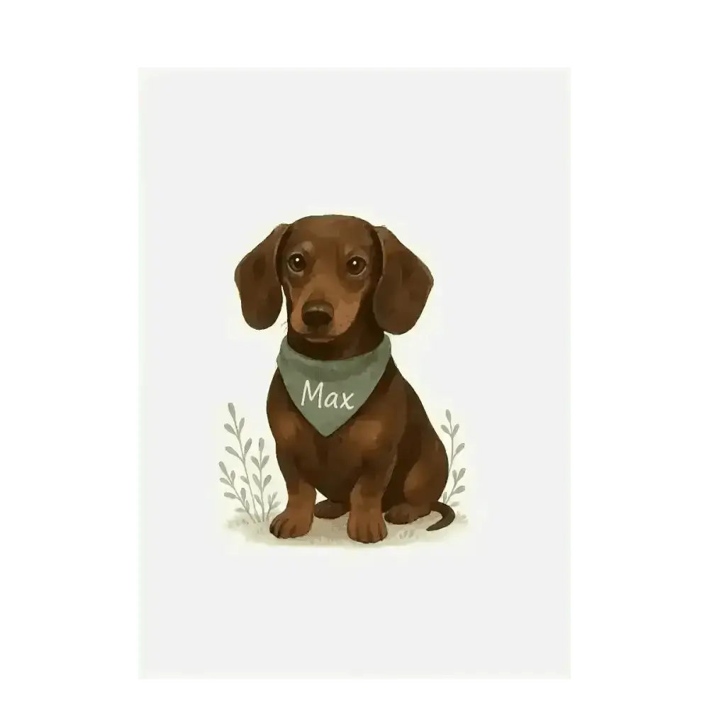 Personalised small portrait of brown dachshund Max in green bandana on recycled paper