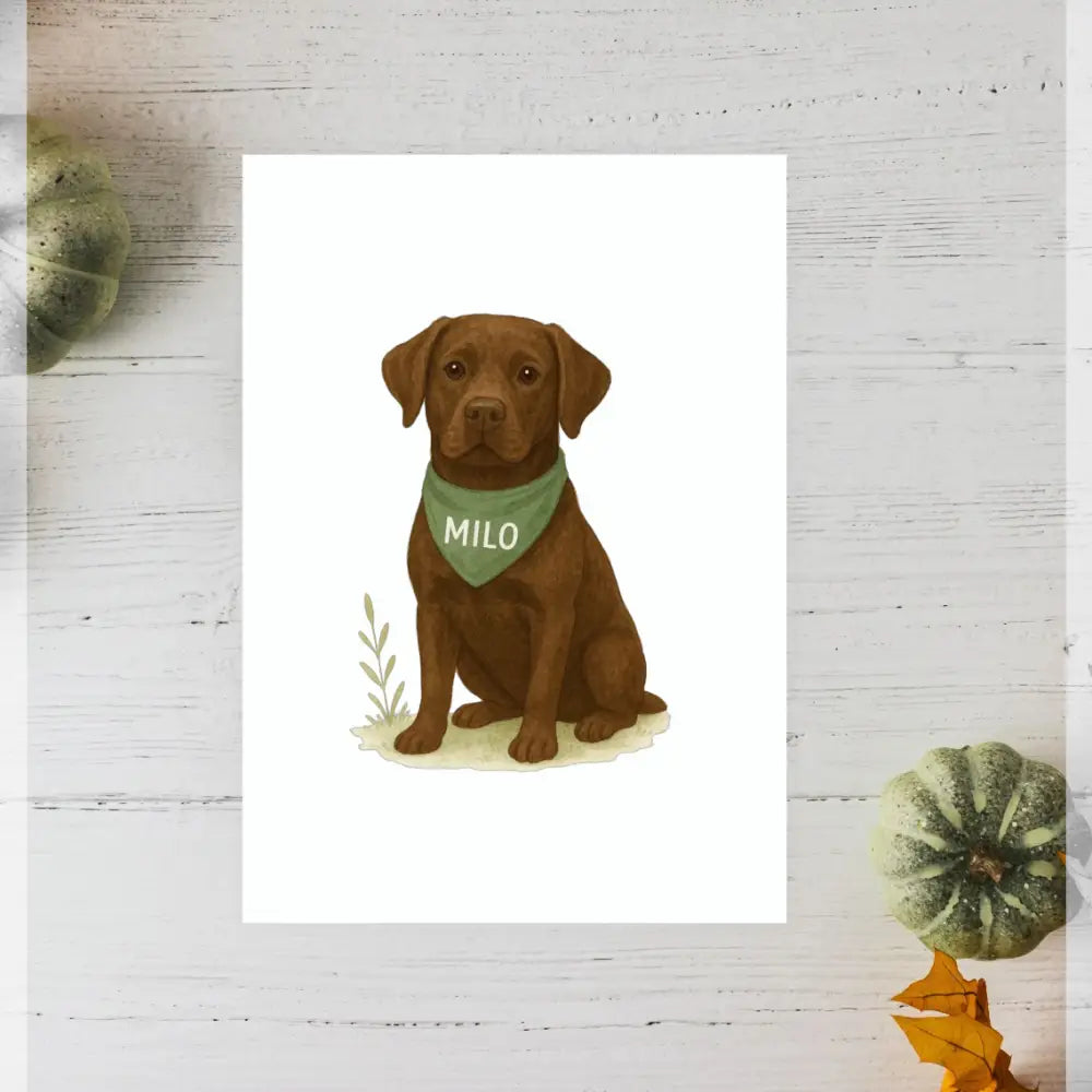 Personalised small portrait of chocolate labrador Milo with green bandana on recycled paper