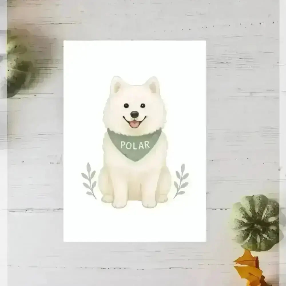 Personalised small portrait of white fluffy dog with green bandana on recycled paper