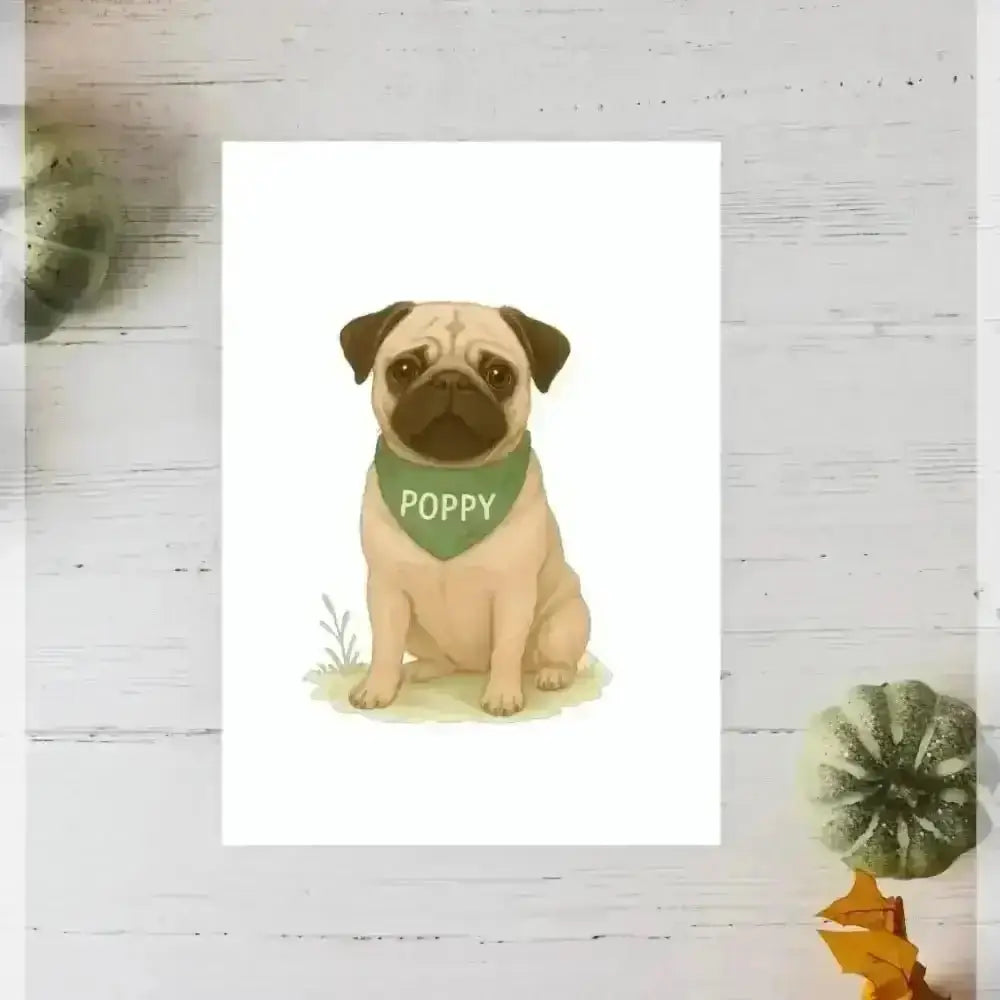 Personalised small portrait of Pug Poppy in green bandana on recycled paper