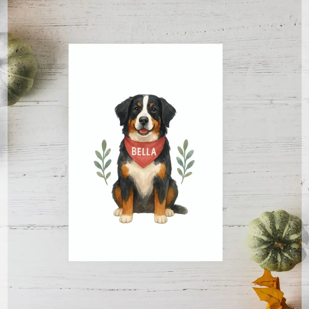 Personalised small portrait of brown and black puppy with Bella bandana on recycled paper