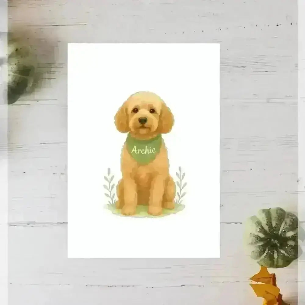 Personalised small portrait of golden retriever puppy Archie with green bandana on recycled paper