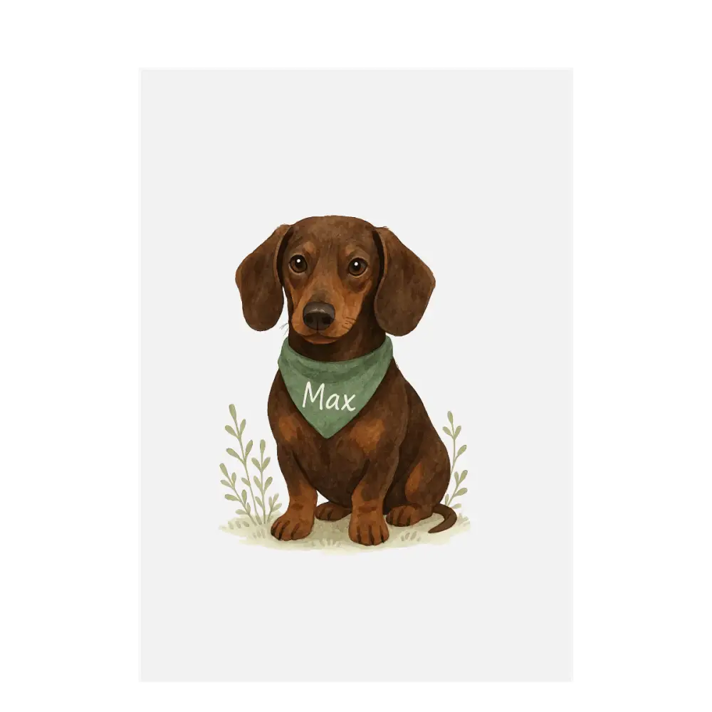 Personalised small portrait of brown dachshund Max in green bandana on recycled paper
