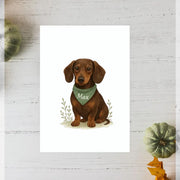Personalised small portrait of brown dachshund Max with green bandana on recycled paper