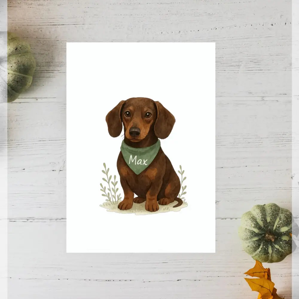 Personalised small portrait of brown dachshund Max with green bandana on recycled paper